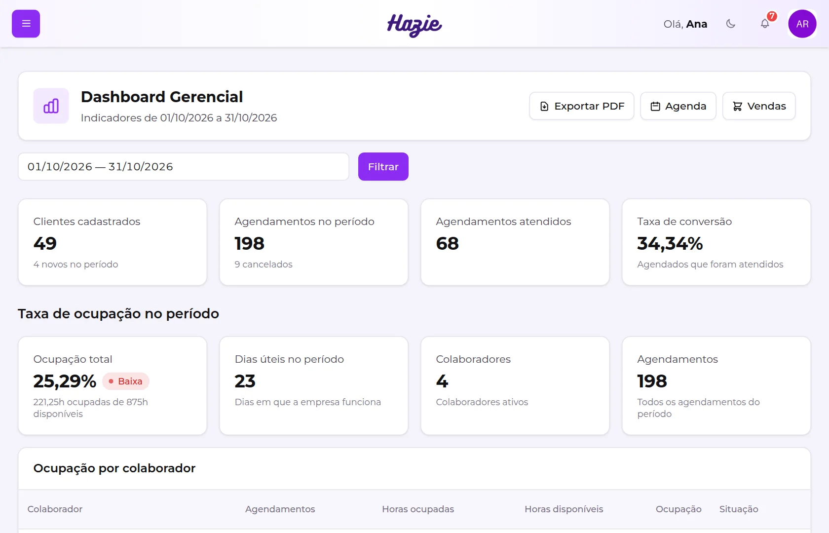 Tela inicial do painel do Hazie, com o Dashboard do salão de exemplo