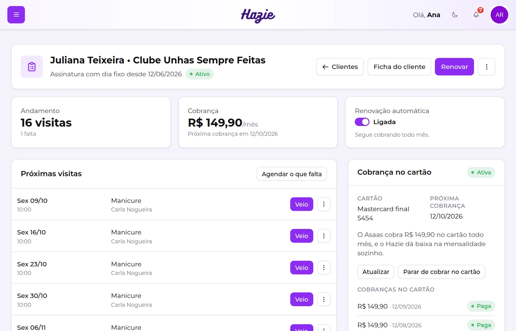 Tela do plano de uma cliente com o quadro Cobrança no cartão à direita