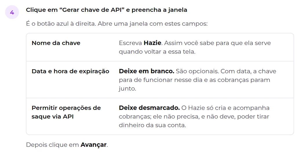 Passo 4 do guia da tela: como preencher a janela de criação da chave no Asaas