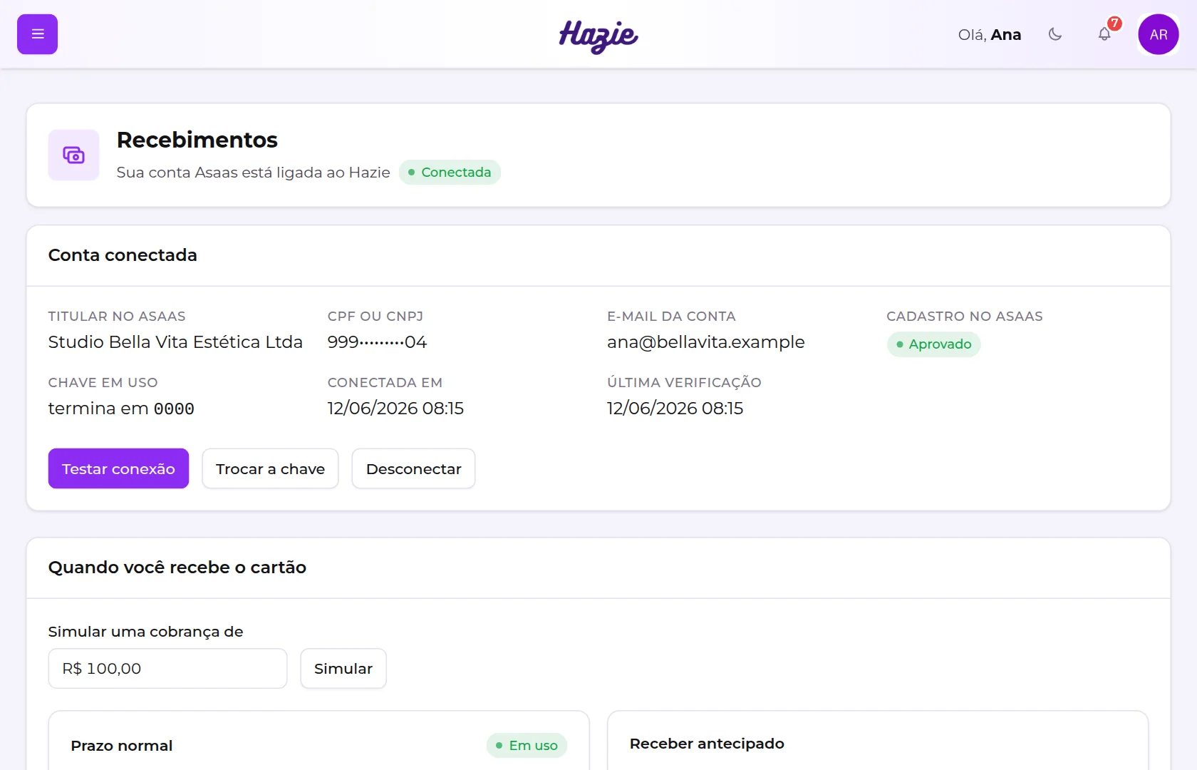 Tela Recebimentos com a conta conectada: titular, documento, e-mail e situação do cadastro