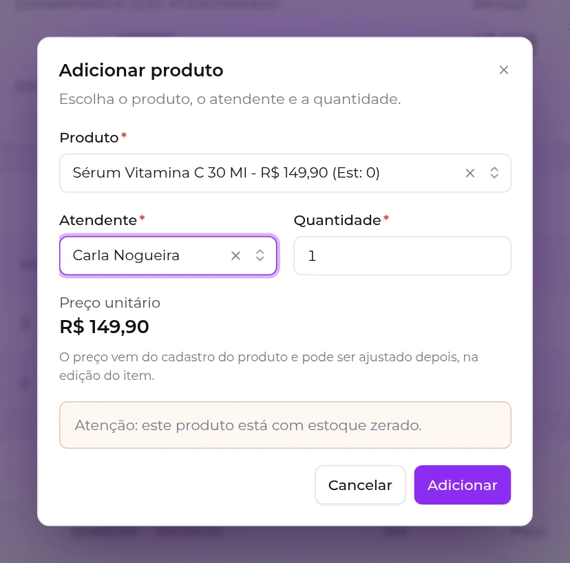 Janela Adicionar produto, com aviso de que o produto está com estoque zerado