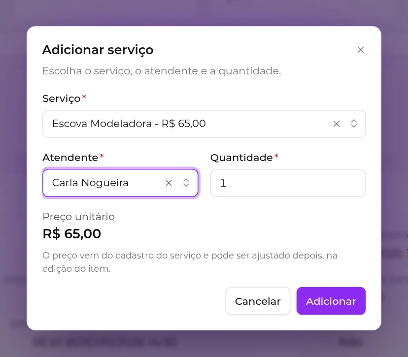 Janela Adicionar serviço, com serviço, atendente, quantidade e o preço unitário