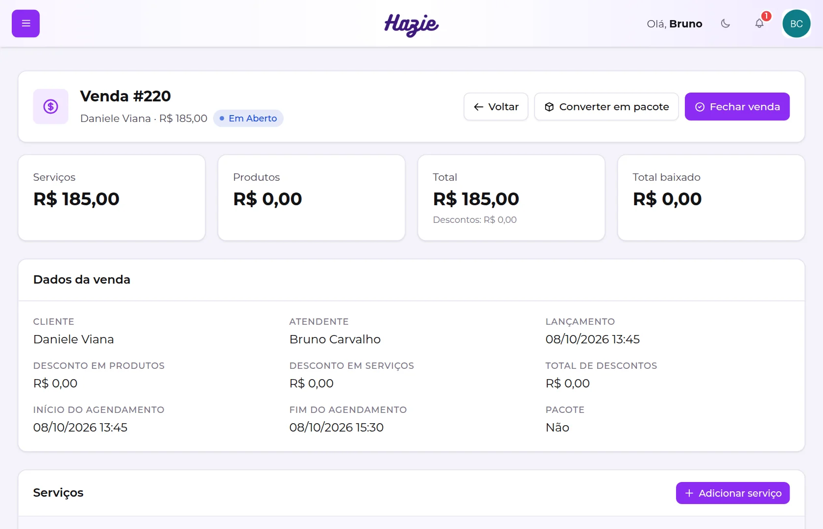 Tela da venda vista pelo colaborador, com os botões para incluir itens e fechar a venda