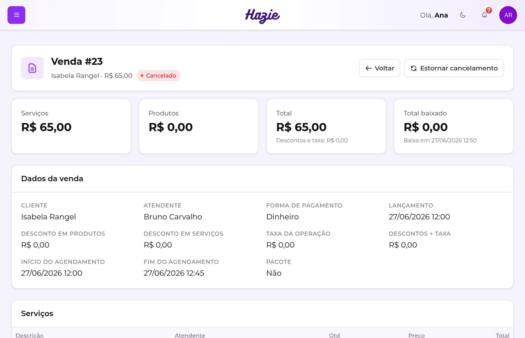Detalhe de uma venda cancelada, com o botão Estornar cancelamento