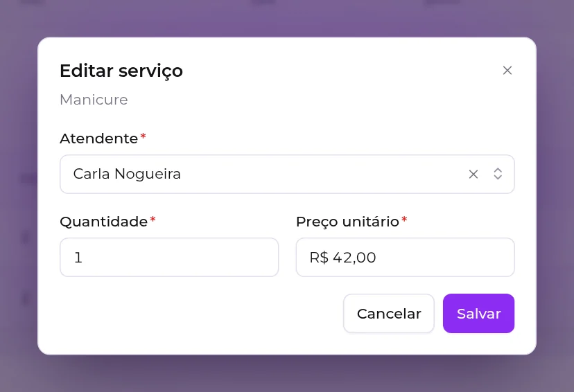 Janela Editar serviço, com atendente, quantidade e preço unitário