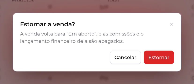 Confirmação Estornar a venda, avisando que as comissões e o lançamento financeiro são apagados