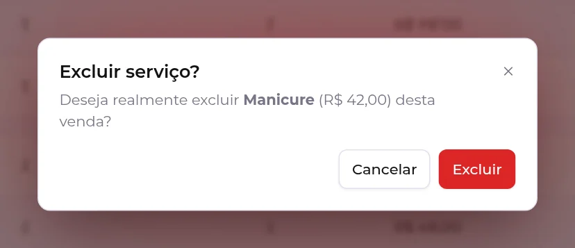 Confirmação para excluir um serviço da venda