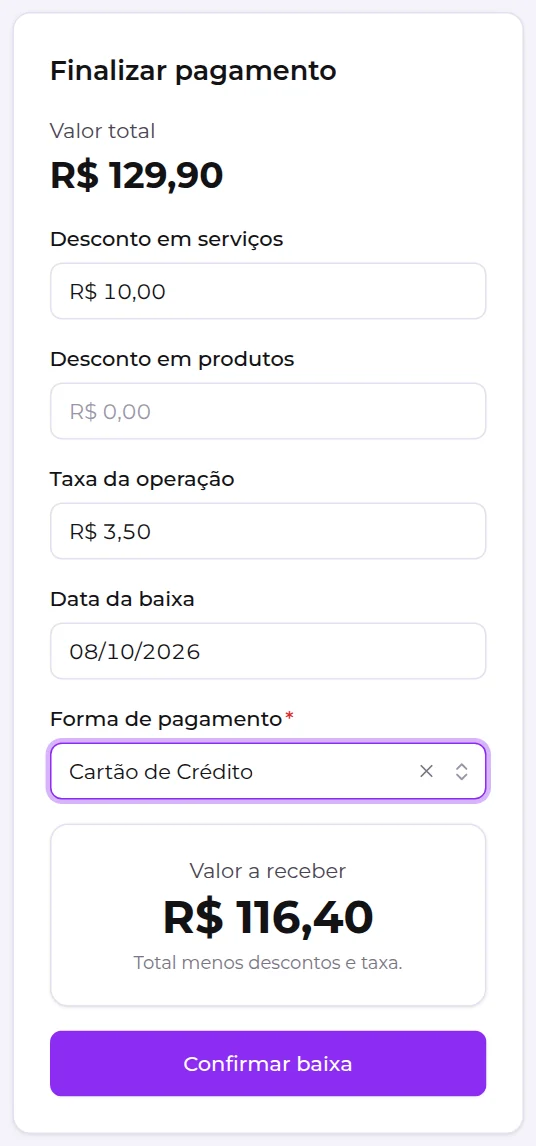 Quadro Finalizar pagamento preenchido, com desconto em serviços, taxa da operação e o valor a receber
