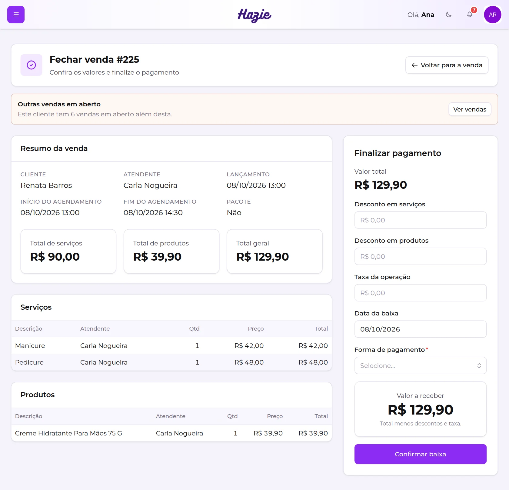 Tela Fechar venda, com o resumo, os itens e o quadro Finalizar pagamento