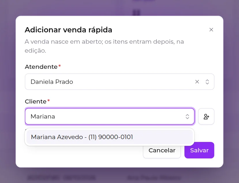 Janela Adicionar venda rápida, com o atendente escolhido e a busca do cliente pelo nome