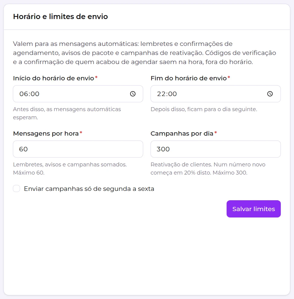 Cartão Horário e limites de envio, com início e fim do horário, mensagens por hora, campanhas por dia e a opção de segunda a sexta