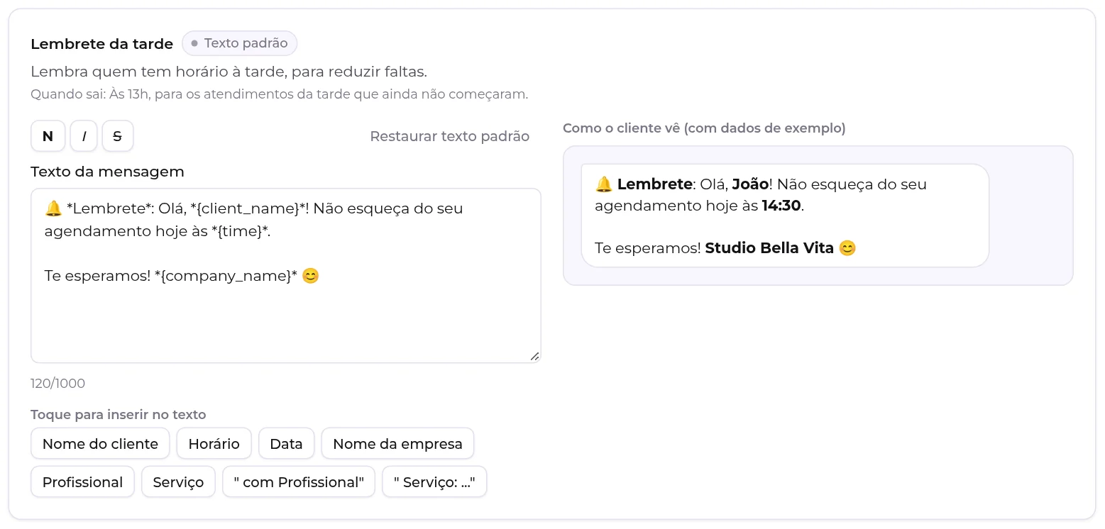 Editor do Lembrete da tarde, com o texto padrão e a prévia