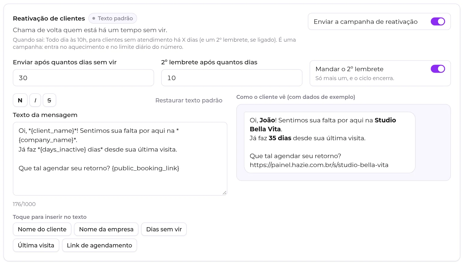 Editor da Reativação de clientes, com a chave para ligar a campanha, os dias sem vir e o segundo lembrete