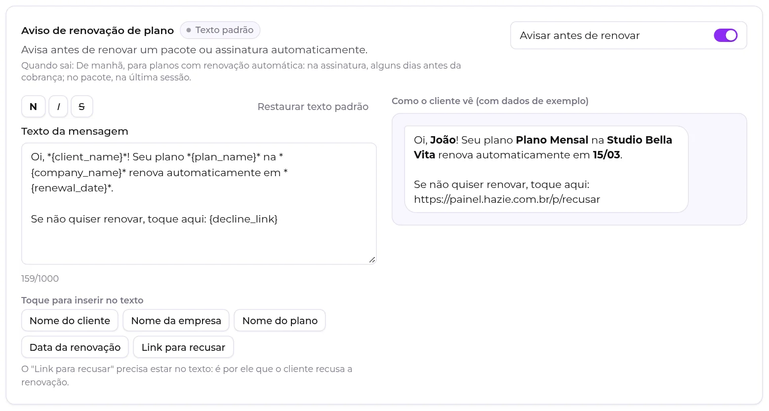 Editor do Aviso de renovação de plano, com a chave Avisar antes de renovar e o Link para recusar