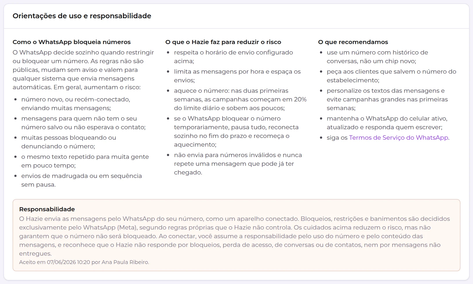 Cartão Orientações de uso e responsabilidade, com as três colunas e o aviso de responsabilidade