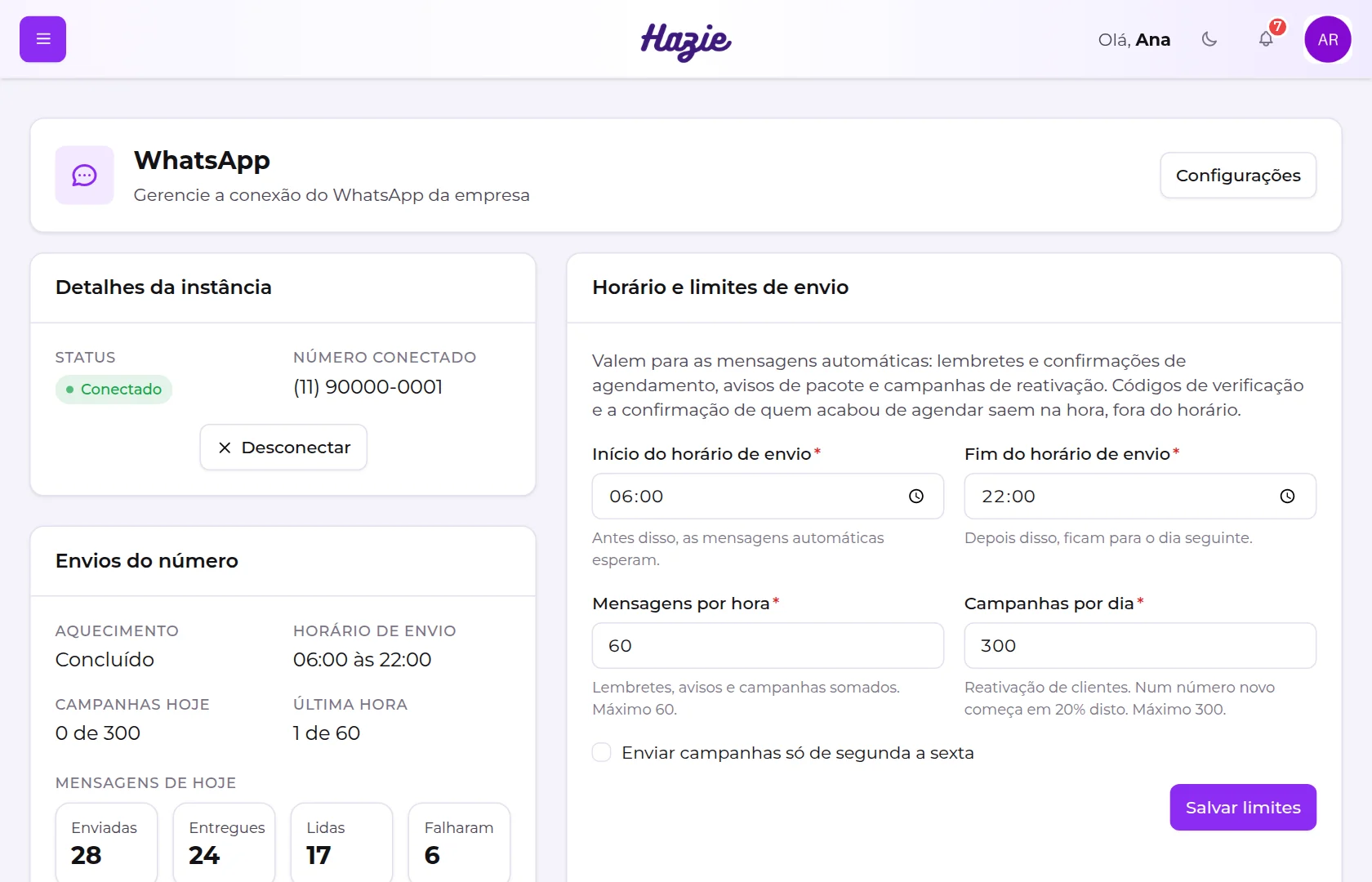 Tela do WhatsApp com o número conectado, os envios do dia e o horário e limites de envio